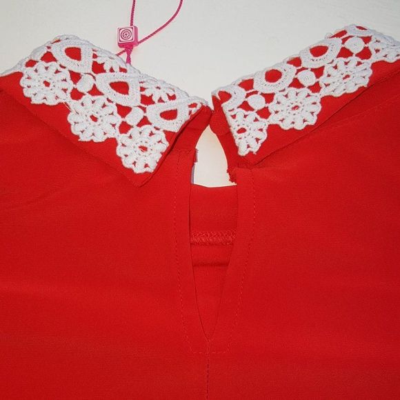 SAVIOA Gorgeous RED Capped Sleeve Blouse with White Lace Collar SIZE Med… - Picture 8 of 10
